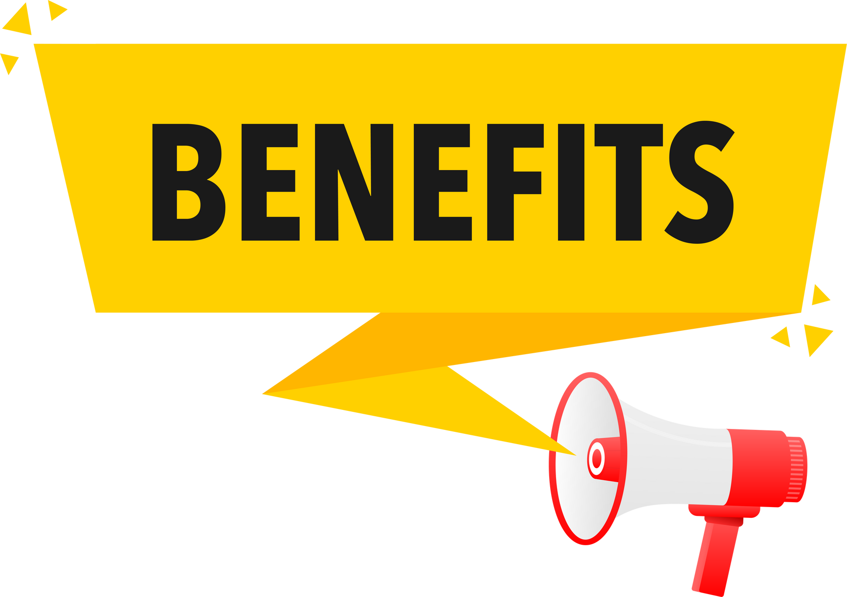 Benefits Announcement Megaphone Label. Loudspeaker speech bubble.